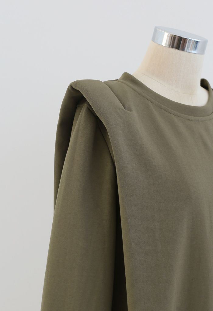 Padded Shoulder Long Sleeves Sweatshirt in Olive - Retro, Indie and ...