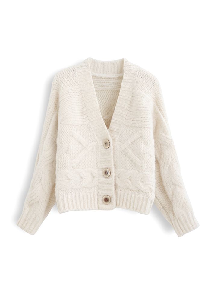 Cable Knit Chunky Buttoned Cardigan in Ivory - Retro, Indie and Unique ...