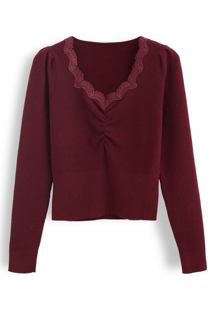 Sweetheart Lace Neck Knit Top in Wine - Retro, Indie and Unique Fashion
