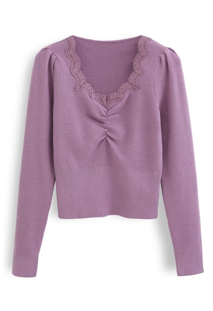 Sweetheart Lace Neck Knit Top in Purple - Retro, Indie and Unique Fashion