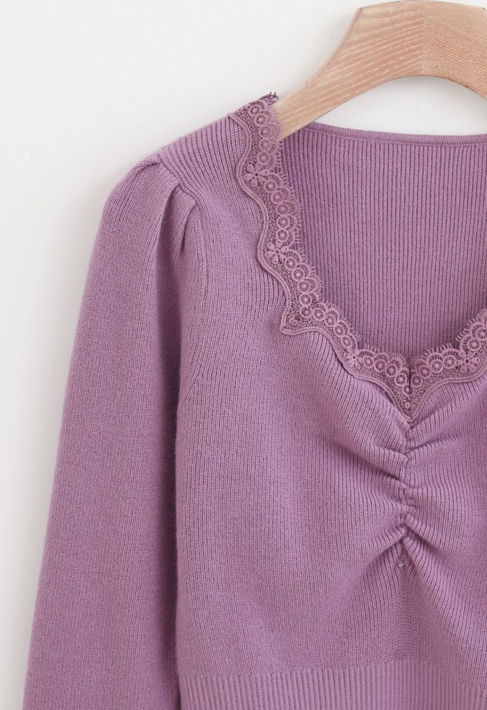 Sweetheart Lace Neck Knit Top in Purple - Retro, Indie and Unique Fashion