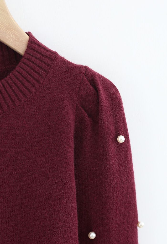 Pearl Trim Sleeves Ribbed Knit Sweater in Wine - Retro, Indie and ...