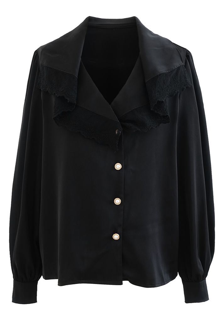 Lacy Collar Button Down Satin Shirt in Black - Retro, Indie and Unique ...