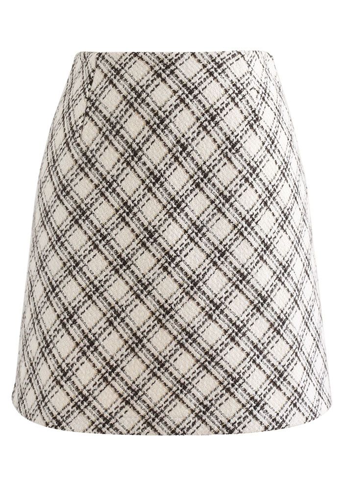 Plaid Pattern Tweed Mini Bud Skirt in Ivory - Retro, Indie and Unique ...