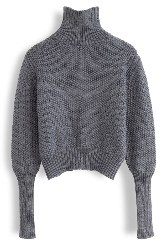 High Neck Waffle Knit Crop Sweater in Grey - Retro, Indie and Unique ...