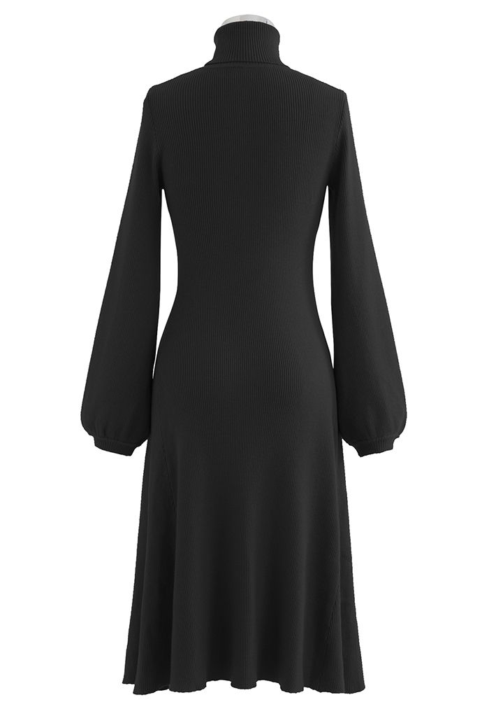 Turtleneck Fit-and-Flare Knit Midi Dress in Black - Retro, Indie and ...
