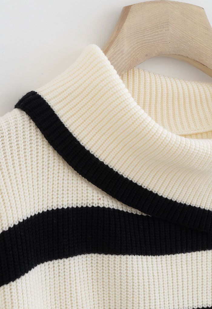 Buttoned Neck Striped Oversize Sweater in Cream - Retro, Indie and ...