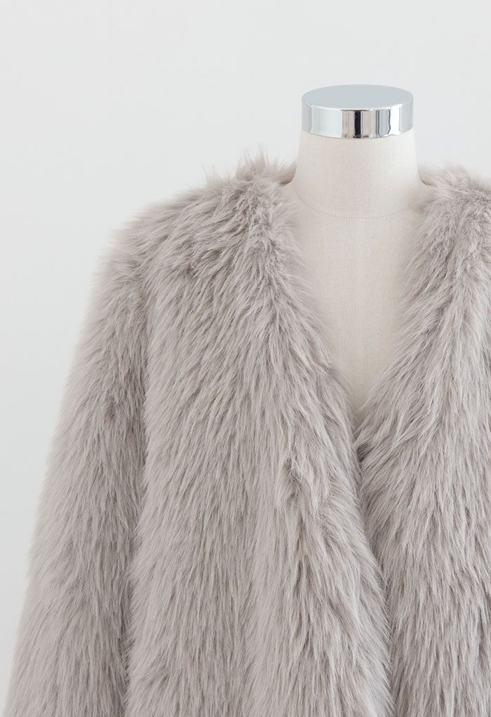 Open Front Faux Fur Coat in Taupe - Retro, Indie and Unique Fashion