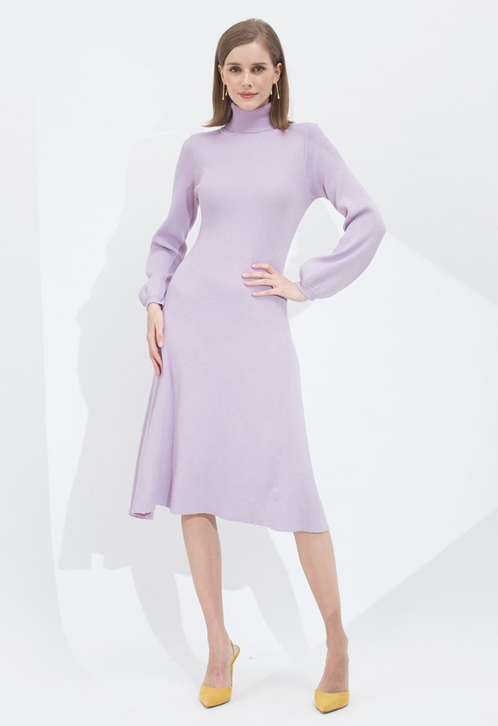 Turtleneck Fit-and-Flare Knit Midi Dress in Lilac - Retro, Indie and ...