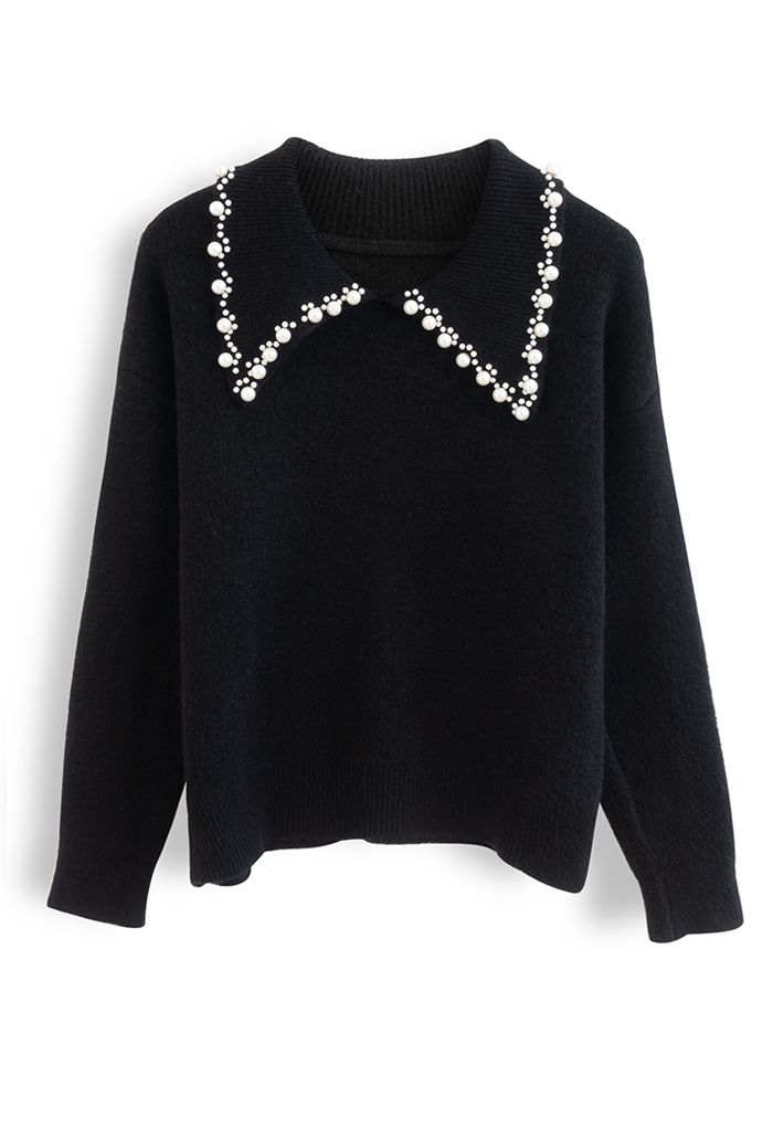 Pearl Trims Collar Soft Touch Knit Sweater in Black - Retro, Indie and ...