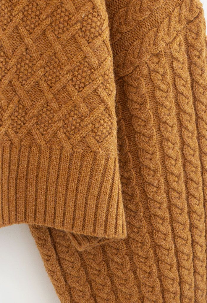 Turtleneck Cable Knit Cropped Sweater in Orange