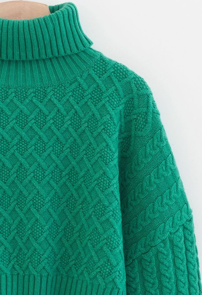 Turtleneck Cable Knit Cropped Sweater in Green