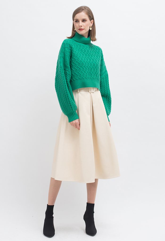 Turtleneck Cable Knit Cropped Sweater in Green