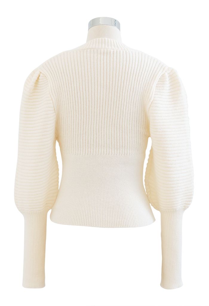 Square Neck Puff Sleeve Crop Knit Top in Ivory - Retro, Indie and ...