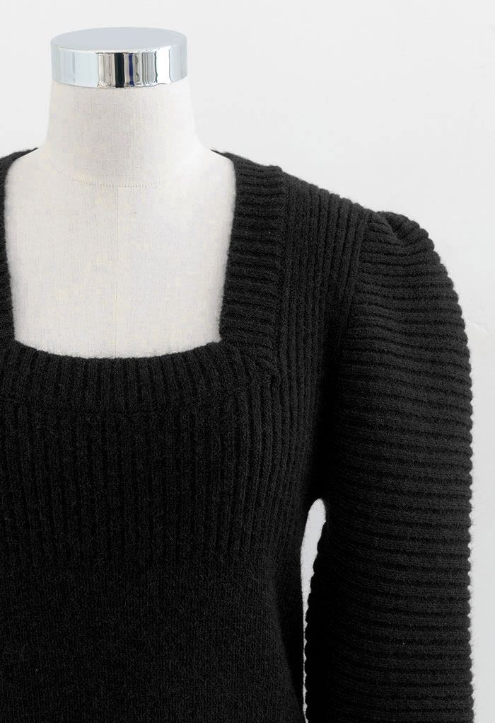Square Neck Puff Sleeve Crop Knit Top in Black - Retro, Indie and ...