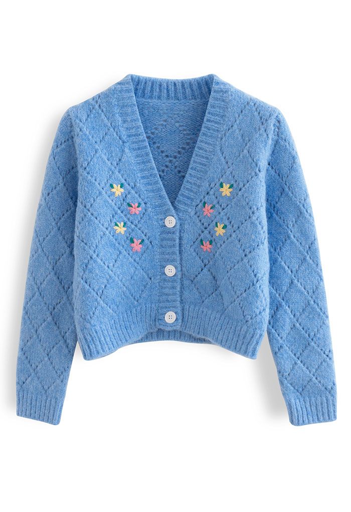 Daisy Stitched Diamond Knit Crop Cardigan - Retro, Indie and Unique Fashion