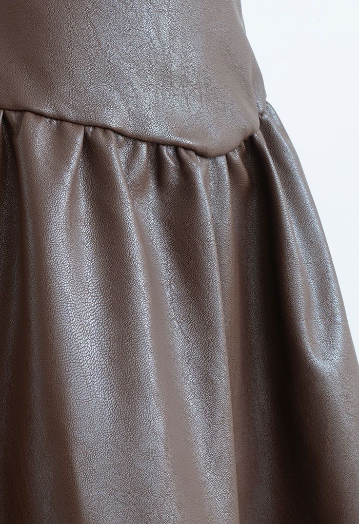 Zip-Up Faux Leather Flare Mini Skirt in Brown