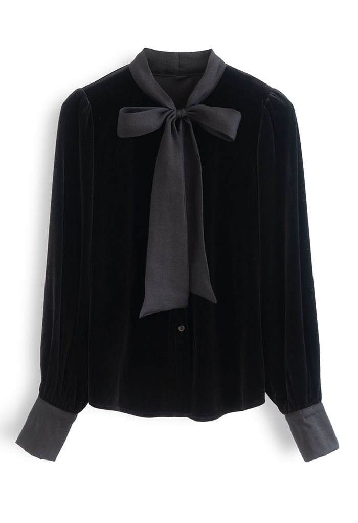 Self-Tie Bowknot Buttoned Velvet Shirt in Black - Retro, Indie and ...