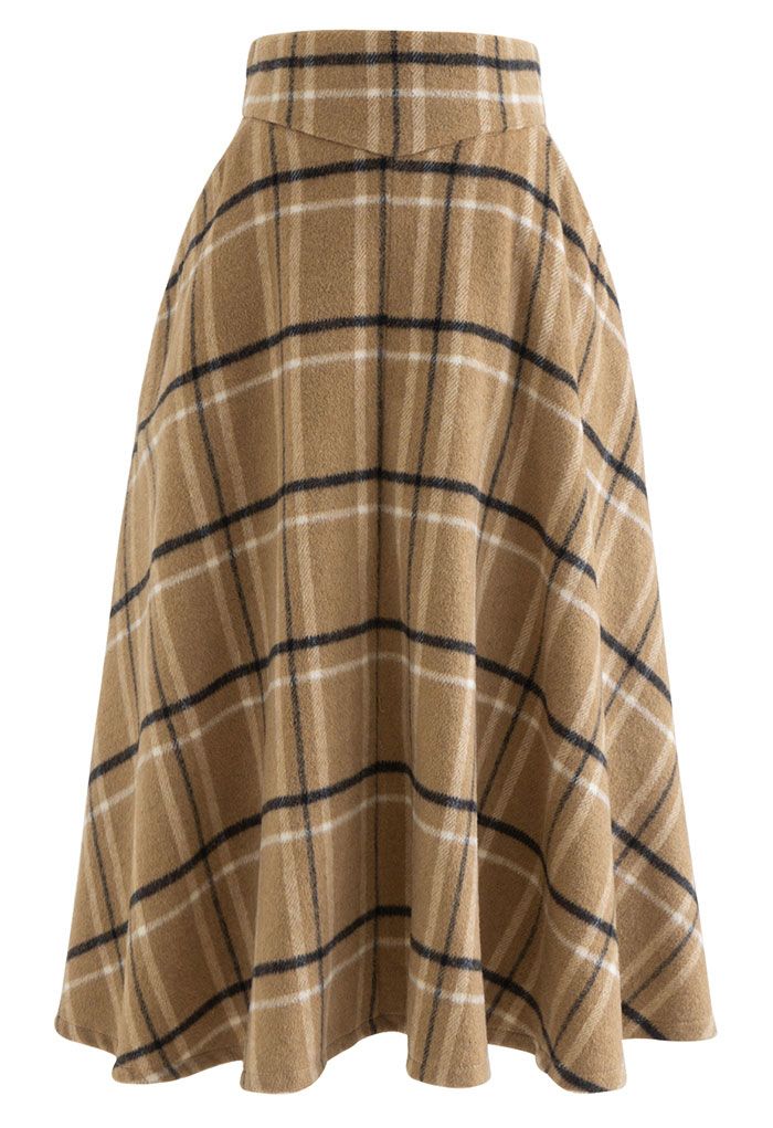 Multicolor Check Print Wool-Blend A-Line Skirt in Caramel - Retro ...