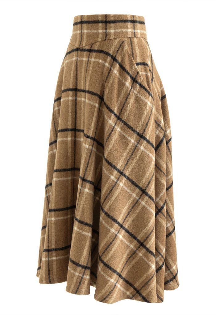 Multicolor Check Print Wool-Blend A-Line Skirt in Caramel - Retro ...