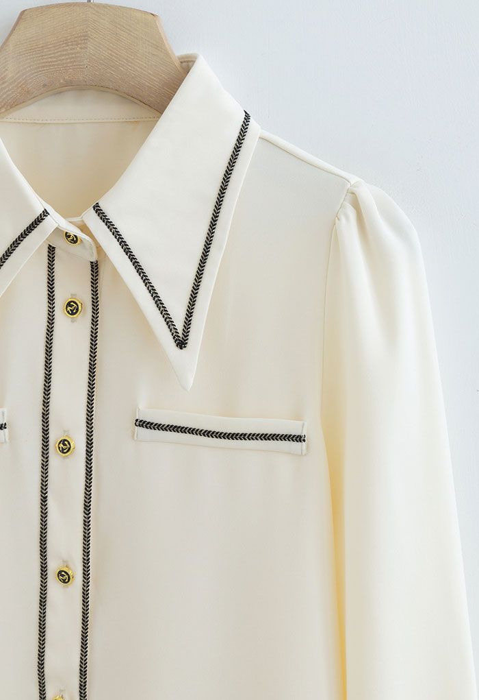 Stitched Edge Button Down Shirt in Cream - Retro, Indie and Unique Fashion