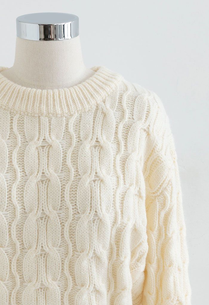 Tie-Knot Back Cable Knit Crop Sweater in Cream