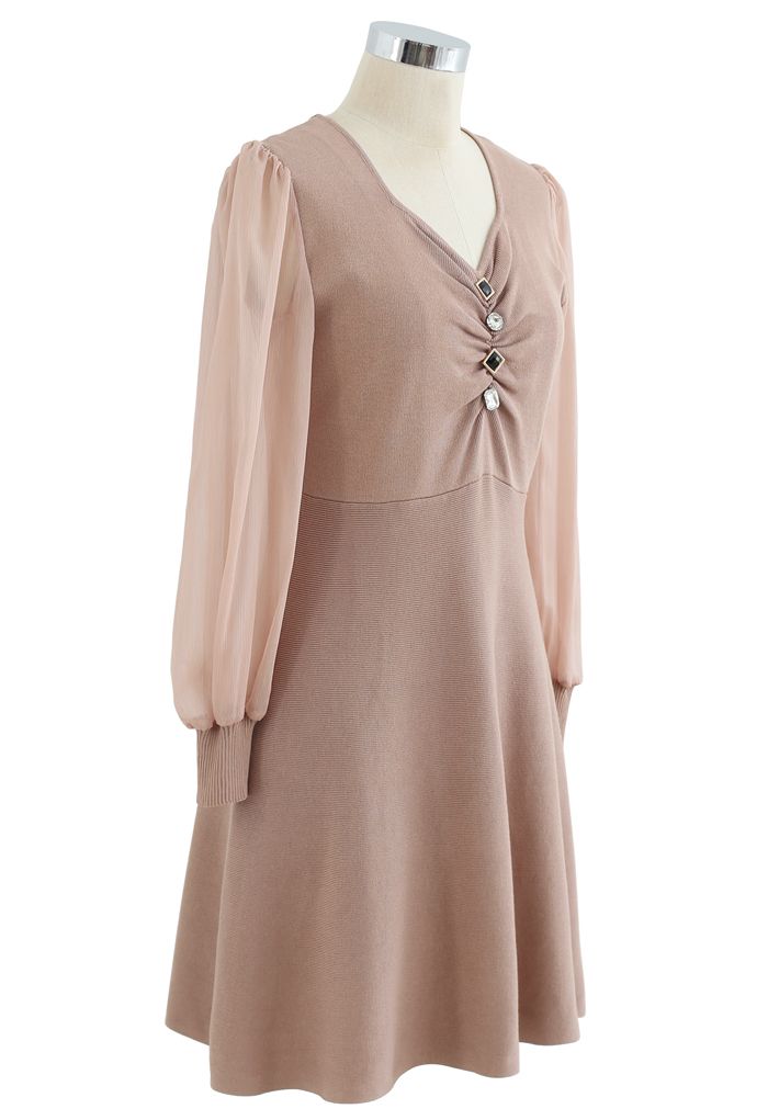 Sheer Sleeves Button Trim Ruched Knit Dress in Light Tan - Retro, Indie ...