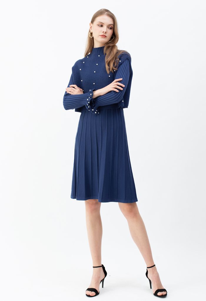 Pearl Trim Pleated Knit Twinset Dress in Indigo - Retro, Indie and ...