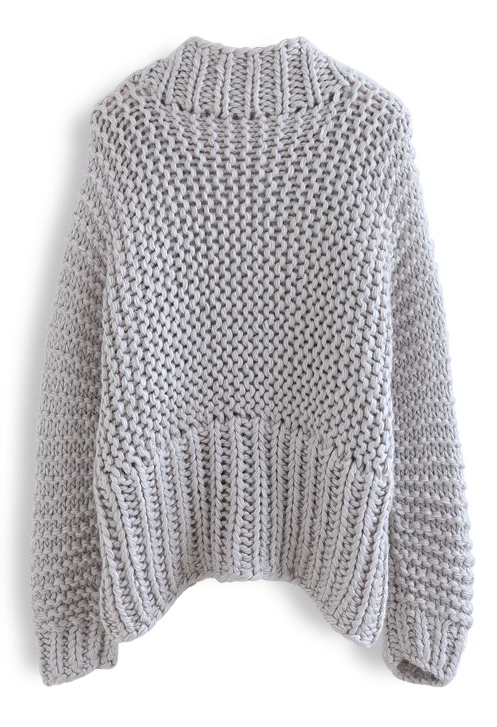 Solid Color Hand-Knit Chunky Cardigan in Grey - Retro, Indie and Unique ...