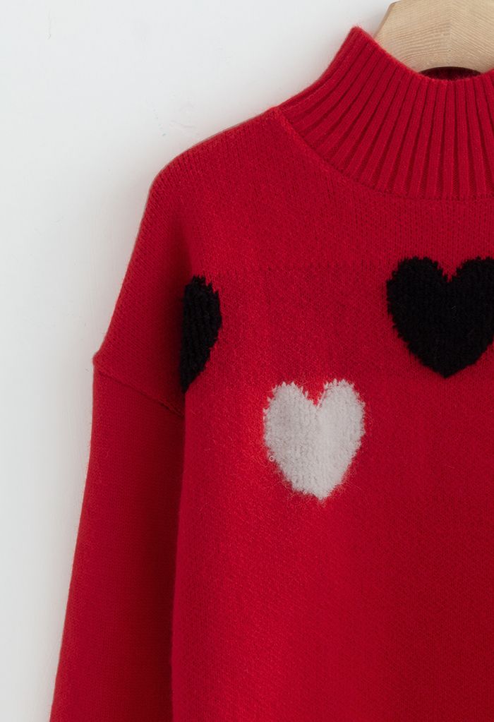 Contrast Heart High Neck Knit Sweater in Red - Retro, Indie and Unique ...