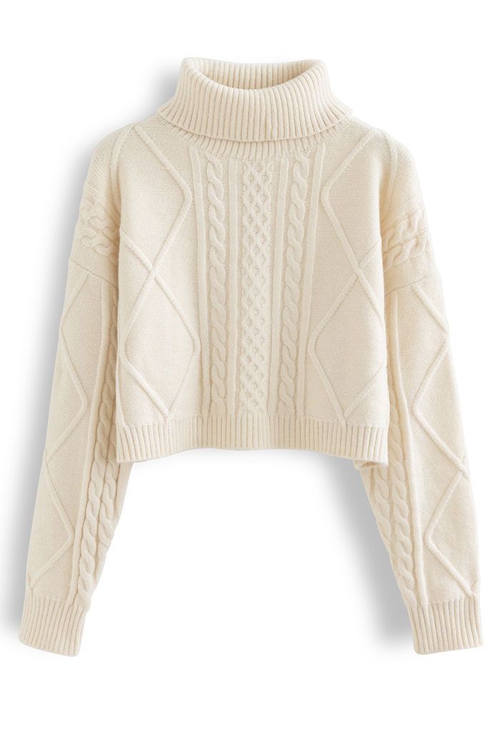 Cropped Turtleneck Cable Knit Sweater in Cream - Retro, Indie and ...
