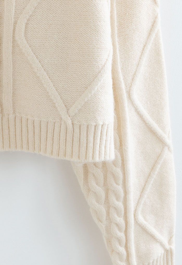 Cropped Turtleneck Cable Knit Sweater in Cream