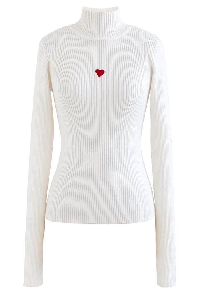 Little Heart High Neck Fitted Knit Top in White - Retro, Indie and ...