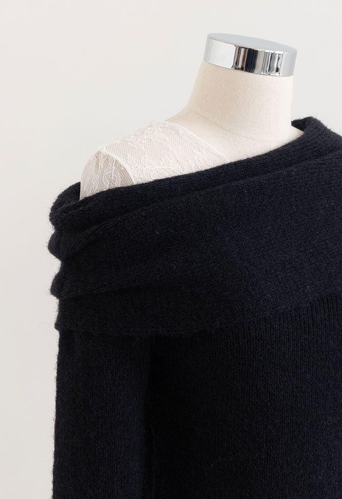Lacy One-Shoulder Knit Sweater in Black - Retro, Indie and Unique Fashion