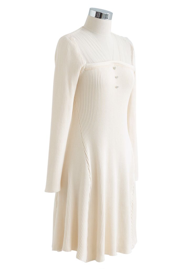 Ruched Mesh V-Neck Knit Midi Dress in Cream - Retro, Indie and Unique ...