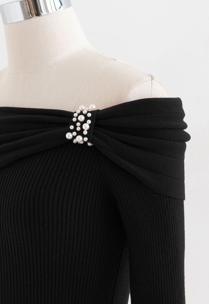 Pearl Trim Off-Shoulder Crop Knit Top in Black - Retro, Indie and ...