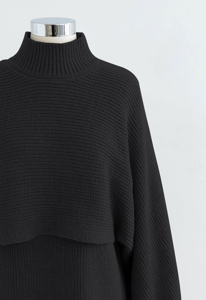 Mock Neck Crop Sweater and Sleeveless Knit Dress Set in Black - Retro ...