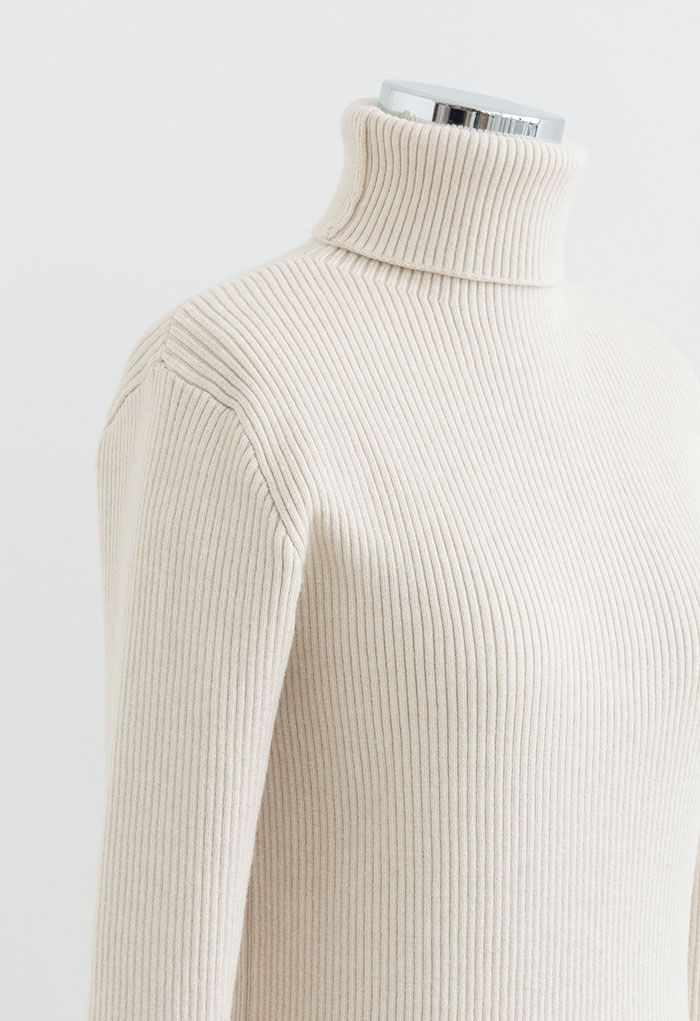 Turtleneck Long Sleeve Ribbed Knit Top in Ivory - Retro, Indie and ...