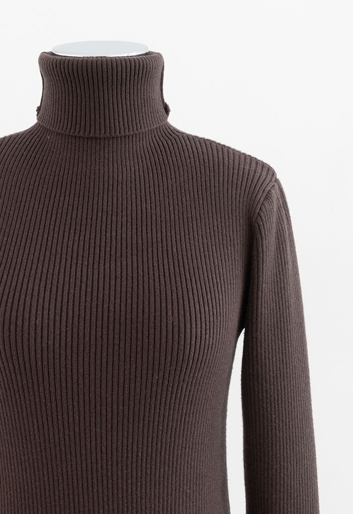 Turtleneck Long Sleeve Ribbed Knit Top in Brown - Retro, Indie and ...