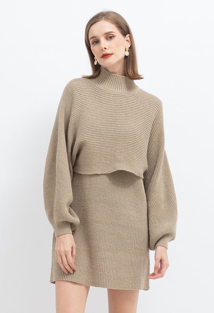 Mock Neck Crop Sweater and Sleeveless Knit Dress Set in Camel - Retro,  Indie and Unique Fashion