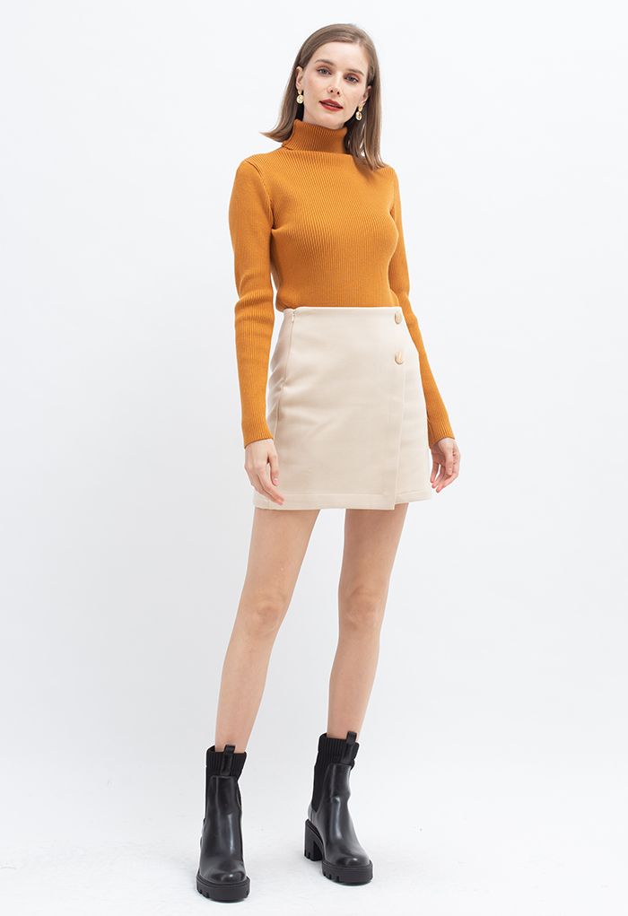 Double Buttons Flap Wool-Blend Mini Skirt in Ivory - Retro, Indie and ...