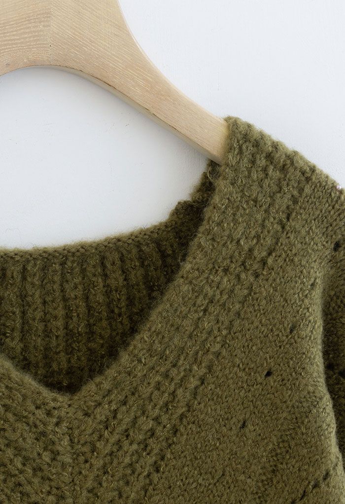 Hollow Out V-Neck Chunky Knit Sweater in Moss Green - Retro, Indie and ...
