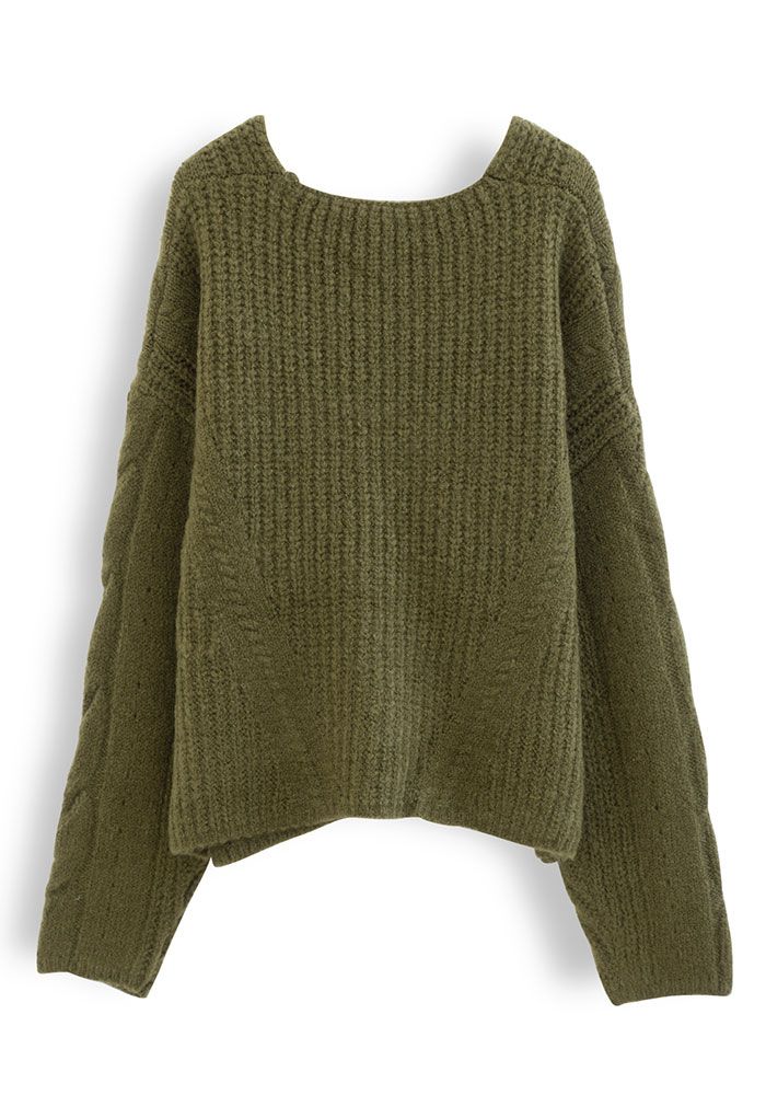 Hollow Out V-Neck Chunky Knit Sweater in Moss Green - Retro, Indie and ...