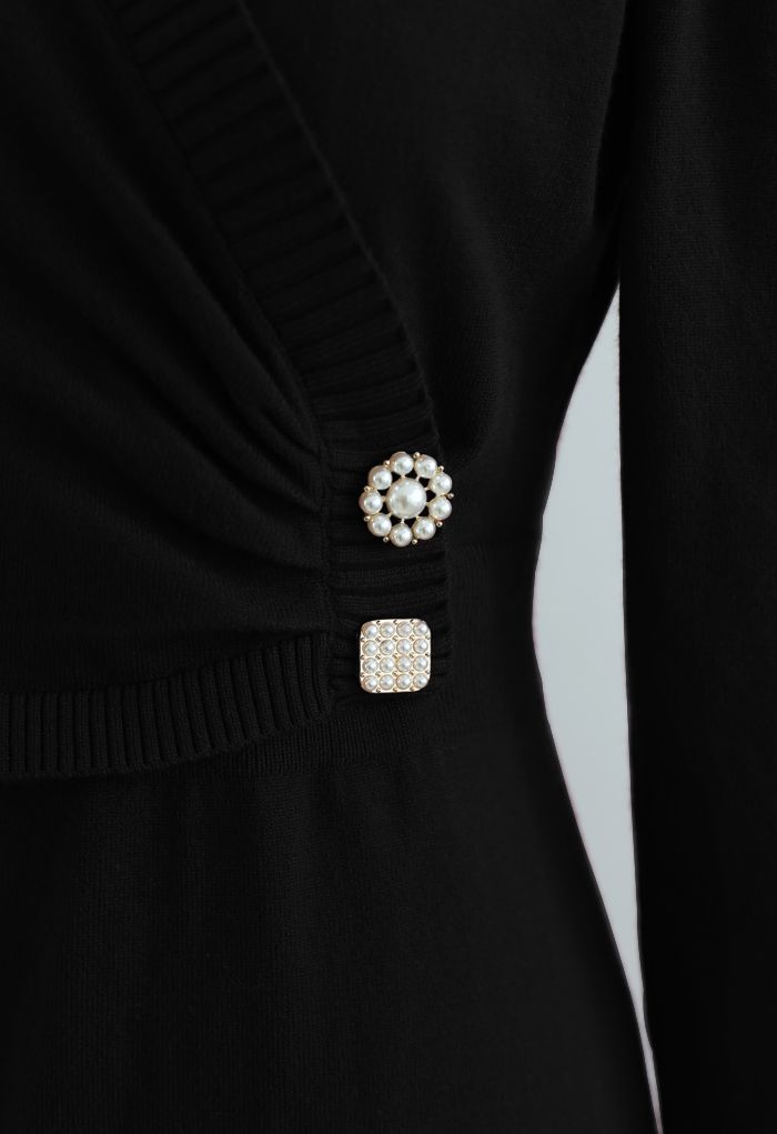 Pearl Button Wrap Knit Midi Dress in Black - Retro, Indie and Unique ...