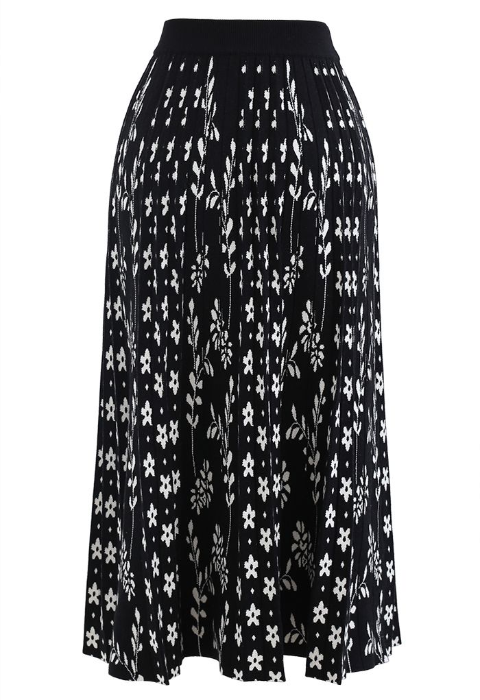Floret Pleated Knit Midi Skirt in Black - Retro, Indie and Unique Fashion