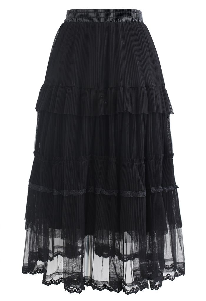 Double-Layered Tiered Pleated Midi Skirt in Black - Retro, Indie and ...