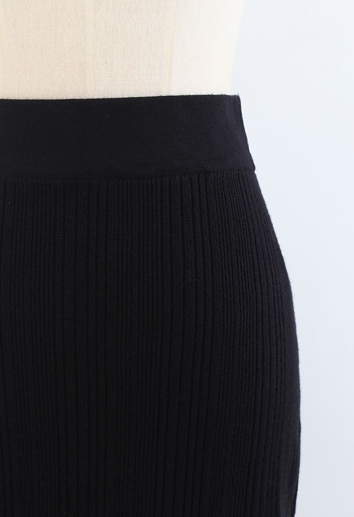 Slit Back Rib-Knit Pencil Skirt in Black - Retro, Indie and Unique Fashion