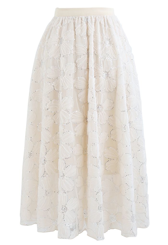 Floral Sequin Double-Layered Mesh Skirt in Cream - Retro, Indie and ...