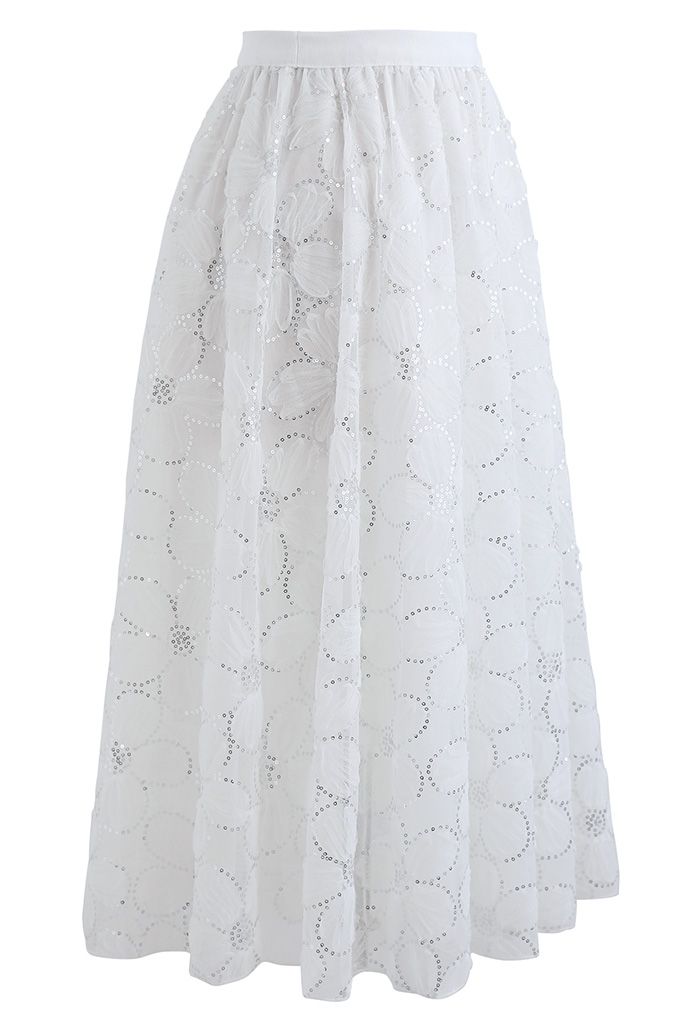Floral Sequin Double-Layered Mesh Skirt in White - Retro, Indie and ...