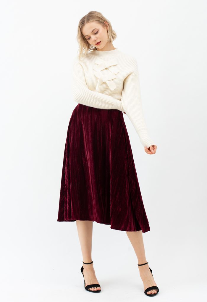 Velvet Flare Hem Midi Skirt in Wine - Retro, Indie and Unique Fashion